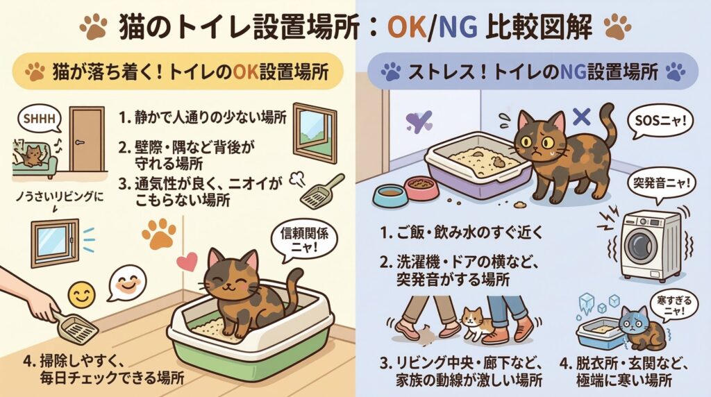 猫のトイレ設置場所OK／NG比較イラスト